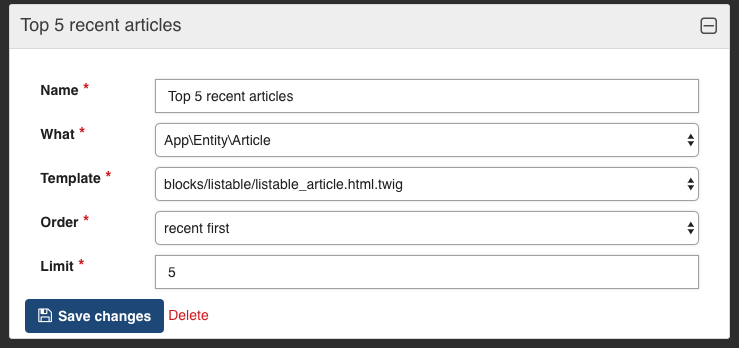 admin configuration block of ContentList